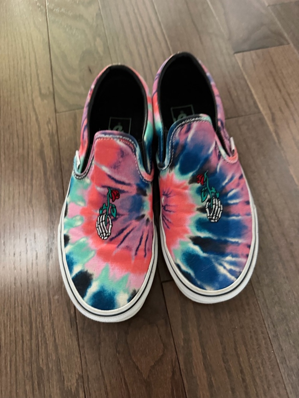 Tie-Dye Slip-On Vans with Floral Skull Embroidery - Pink/Blue/Green